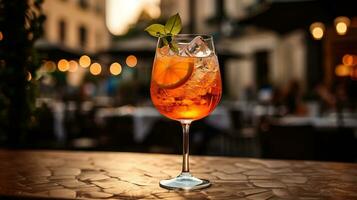 ai generiert generativ ai, Glas von Aperol Spritz auf hölzern Tabelle mit verwischen Hintergrund mit Beleuchtung von Straße Bar, Cafe oder Restaurant foto