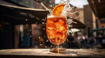 ai generiert generativ ai, Glas von Aperol Spritz auf hölzern Tabelle mit verwischen Hintergrund mit Beleuchtung von Straße Bar, Cafe oder Restaurant foto