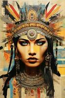 ai generiert generativ ai, gemalt aztekisch Frau auf Tagebuch Collage, traditionell Ritual Maske foto