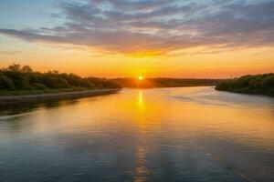 ai generiert golden Stunde Sonnenuntergang auf das Fluss. Profi Foto