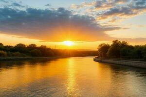 ai generiert golden Stunde Sonnenuntergang auf das Fluss. Profi Foto