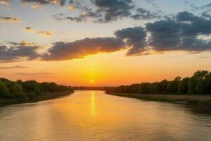 ai generiert golden Stunde Sonnenuntergang auf das Fluss. Profi Foto