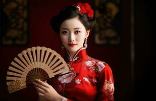 ai generiert Dame im traditionell Chinesisch Kleid posieren mit Ventilator foto