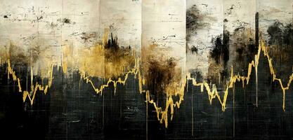 ai generiert generativ ai, schwarz und golden Aquarell abstrakt Lager Markt Diagramme gemalt Hintergrund. Tinte schwarz Straße Graffiti Kunst auf ein texturiert Papier Jahrgang Hintergrund, wäscht und Bürste Schlaganfälle foto