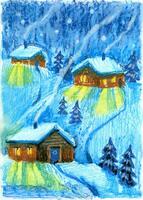 skandinavisch Winter Landschaft mit traditionell hölzern Häuser, Nadelbaum Bäume. Pastell- Hand gezeichnet natürlich Illustration foto
