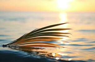 ai generiert ein Palme Blatt Über das Ozean beim Sonnenuntergang Palme Blatt. foto