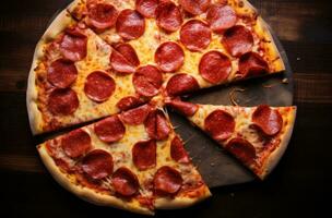 ai generiert ein Pizza Schnitt in Stücke mit Peperoni, unheimlich Kombinationen foto