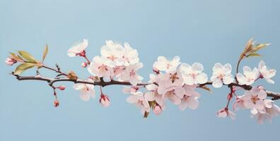 ai generiert Frühling Blumen und Knospen auf ein Kirsche Baum gegen ein Himmel Blau Hintergrund, foto