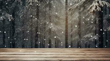 ai generiert Schneefall fallen auf ein hölzern Tabelle im ein Wald, foto