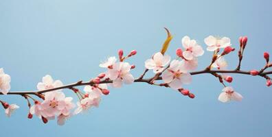 ai generiert Frühling Blumen und Knospen auf ein Kirsche Baum gegen ein Himmel Blau Hintergrund, foto
