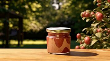 ai generiert Krug von Apfel Marmelade mit leer Vorderseite realistisch auf ein Attrappe, Lehrmodell, Simulation Vorlage im ein hölzern Tabelle im ein Sommer- Garten foto