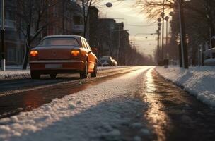 ai generiert Bild von Automobil Fahren ein schneebedeckt Straße, foto