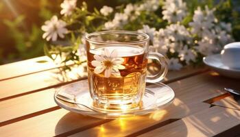 ai generiert Glas Tee mit Blumen auf hölzern Tisch, foto