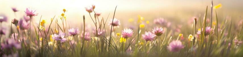 ai generiert Blumen wachsend auf ein Feld von Gras, foto