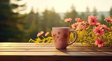 ai generiert ein Gelb Becher gefüllt mit Rosa Blumen auf ein hölzern Tisch, ich foto