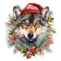 ai generiert generativ ai, süß wild Wolf Tier, Weihnachten Hut und hässlich Pullover, Aquarell Stil. foto