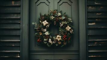 ai generiert generativ ai, schließen oben Weihnachten Kranz, getrocknet Geäst, rot Beeren, Kiefer, Bälle und Blumen auf dunkel launisch Blumen- texturiert Hintergrund. foto