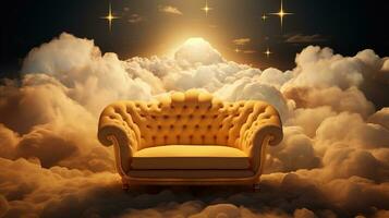 ai generiert generativ ai, golden und Weiß Fantastisch 3d Wolken mit Sofa im das Himmel. sanft Farben und mit hell Beleuchtung. foto