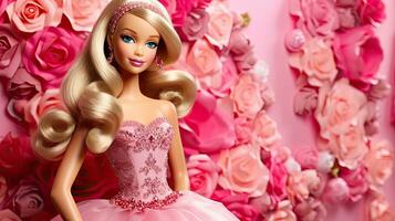 ai generiert Puppe im Rosa Abend Kleid gestickt mit Perlen auf Rosa Blumen- Hintergrund. Barbie Stil Puppe mit ein Krone auf ihr Kopf und Rosa Rosen im das Hintergrund. foto