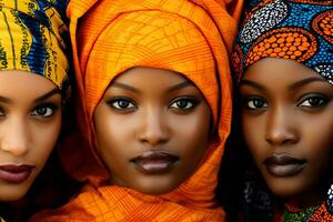 ai generiert afrikanisch Eleganz Nahansicht Schüsse von beschwingt Ankara Stoff Kleider foto