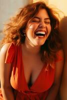ai generiert Körper Positivität Glückseligkeit glücklich Stimmung im Plus Größe Frau Banner foto