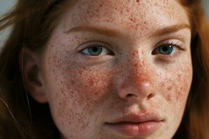 ai generiert ein schließen oben von ein Frau mit Sommersprossen, Rosacea Couperose Rötung Haut foto