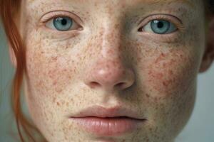 ai generiert ein schließen oben von ein Frau mit Sommersprossen, Rosacea Couperose Rötung Haut foto