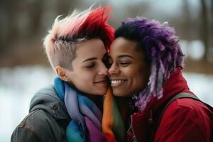 ai generiert lgbt Lesben Paar Liebe Momente Glück.LGBT Beziehung Konzept foto