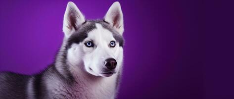 ai generiert ein Nahansicht Porträt von ein heiser Hund mit Blau Augen und ein lila Hintergrund foto