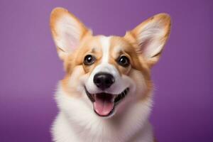 ai generiert süß Walisisch Corgi Hund auf ein lila Hintergrund foto