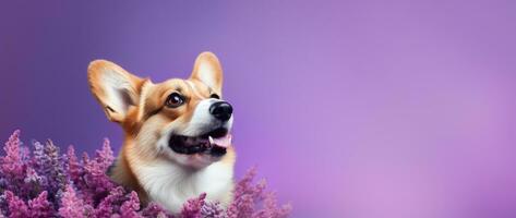 ai generiert süß Walisisch Corgi Hund auf ein lila Hintergrund foto