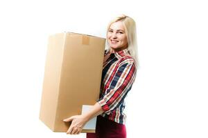 ziehen um Haus, ziehen um Büro, Kasten. Frau mit Box foto