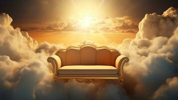 ai generiert generativ ai, golden und Weiß Fantastisch 3d Wolken mit Sofa im das Himmel. sanft Farben und mit hell Beleuchtung. foto