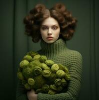 ai generiert das schön jung Frau im ein Grün wolle Rollkragen Pullover, foto
