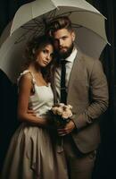 ai generiert das Paar steht mit seine Regenschirm, foto