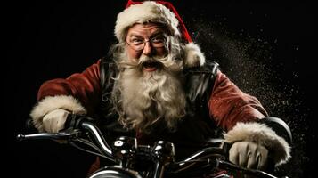 ai generiert Santa auf Motorrad mit groß schlecht. foto