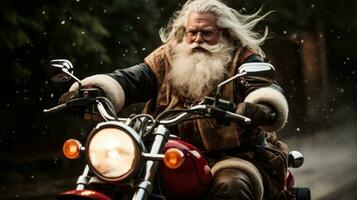 ai generiert Santa auf Motorrad mit groß schlecht. foto