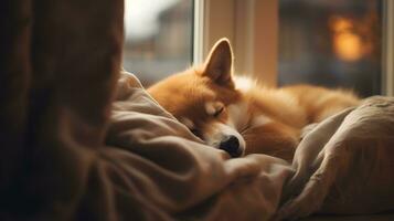 ai generiert generativ ai, süß Hund Schlafen auf gemütlich warm Decke in der Nähe von das Fenster, Hygge Stil foto