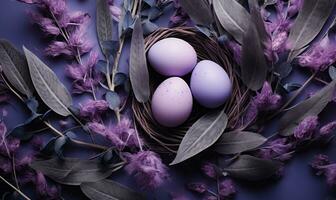 ai generiert Ostern Ei, Lavendel Pflanze und Blätter Hintergrund, foto