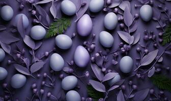 ai generiert Ostern Ei, Lavendel Pflanze und Blätter Hintergrund, foto