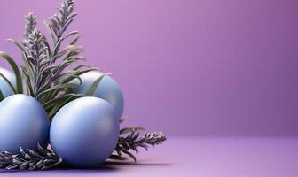 ai generiert süß Blau Ostern Eier auf lila Hintergrund foto