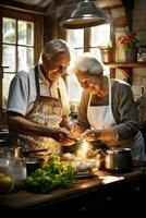 ai generiert Alten Paar Kochen Frühstück zusammen im ihr gemütlich Kabine Küche foto