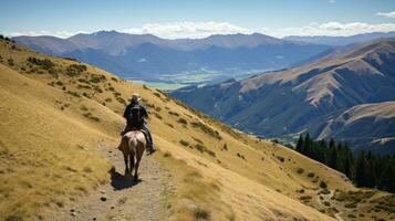 ai generiert ein Fahrer und Pferd durchqueren ein Wicklung Berg Pfad, mit atemberaubend Ansichten von Landschaft foto