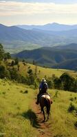 ai generiert ein Fahrer und Pferd durchqueren ein Wicklung Berg Pfad, mit atemberaubend Ansichten von Landschaft foto