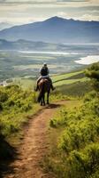 ai generiert ein Fahrer und Pferd durchqueren ein Wicklung Berg Pfad, mit atemberaubend Ansichten von Landschaft foto