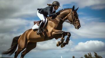 ai generiert ein Fahrer und Pferd hochfliegend Über ein Serie von springt im ein Pferdesport Wettbewerb foto