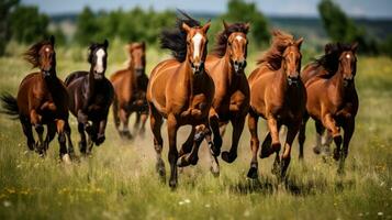 ai generiert ein Gruppe von Pferde Laufen über ein Wiese, gefangen im ein dynamisch Aktion Schuss foto
