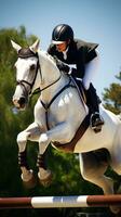 ai generiert ein Fahrer und Pferd hochfliegend Über ein Serie von springt im ein Pferdesport Wettbewerb foto