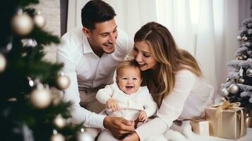 ai generiert glücklich Familie in der Nähe von Weihnachten Baum foto