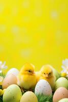 ai generiert ein spielerisch Hintergrund mit hell Gelb Ostern Küken und bunt Eier, foto